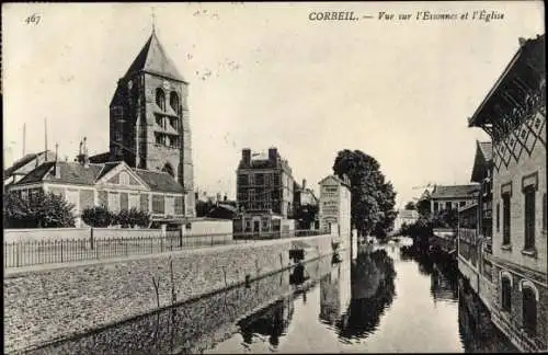 Ak Corbeil Essonne, Vue sur l'Essonnes et l'Eglise