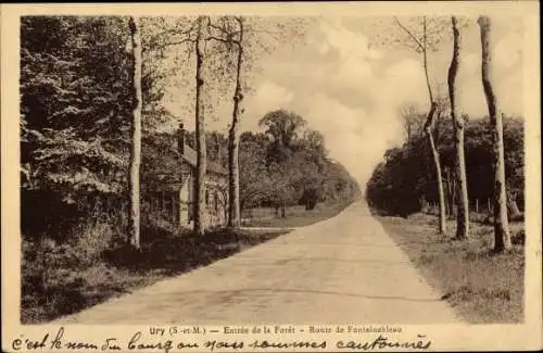 Ak Ury Seine et Marne, Entrée de la Forêt, Route de Fontainebleau