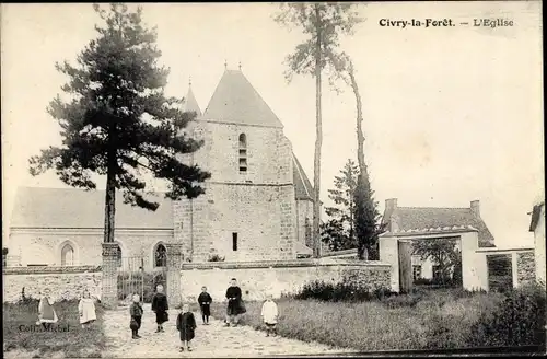 Ak Civry-la-Forêt Yvelines, L'Eglise, vue générale, groupe d'enfants