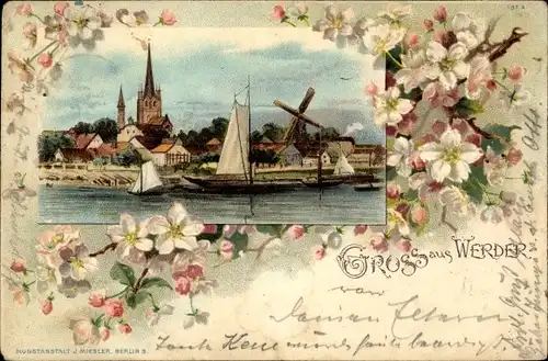 Litho Werder an der Havel, Kirche, Windmühle, Segelboote