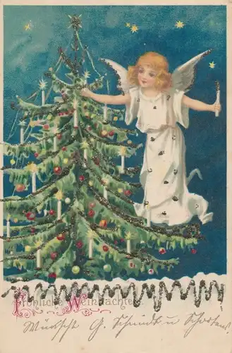 Glitzer Litho Frohe Weihnachten, Engel, Weihnachtsbaum, Kerzen