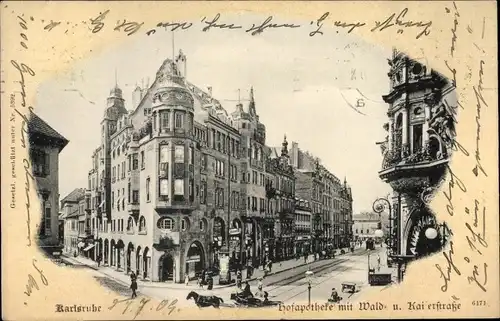 Ak Karlsruhe in Baden Württemberg, Hofapotheke mit Wald und Kaiserstraße