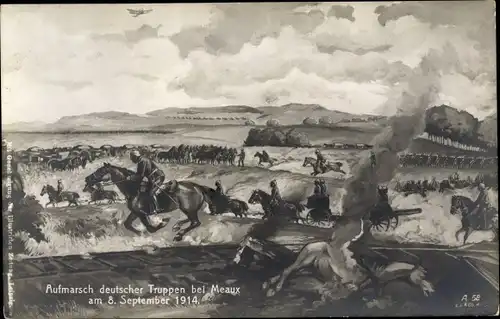 Künstler Ak Meaux Seine-et-Marne, Aufmarsch deutscher Truppen, 08.09.1914