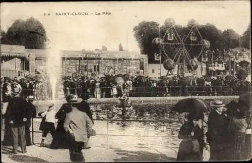 Ak Saint Cloud Hauts de Seine, La Fête, bord de l'etang, visiteurs, grande roue