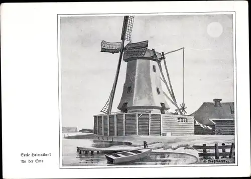 Künstler Ak Stegmann, E., Partie an der Ems, Windmühle