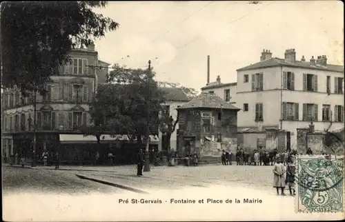 Ak Le Pre Saint Gervais Seine Saint Denis, Fontaine, Place de la Mairie