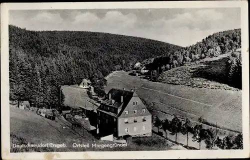 Ak Morgengründel Deutschneudorf im Erzgebirge, Haus, Wald, Berge