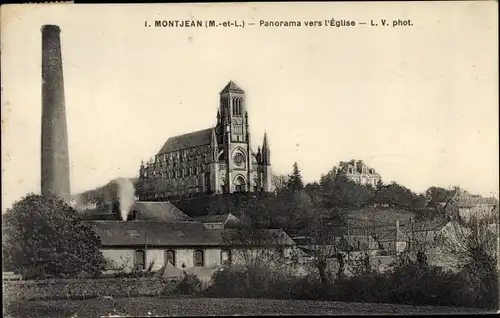 Ak Montjean Maine et Loire, Panorama vers l'Église