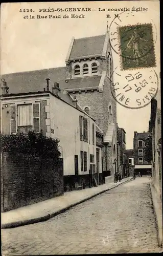 Ak Le Pre Saint Gervais Seine Saint Denis, La Nouvelle Eglise, Rue Paul de Kock