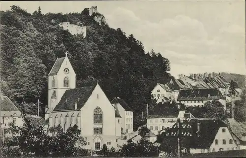 Ak Pfirt Ferrette Elsass Haut Rhin, Kirche, Ruine, Panorama vom Ort