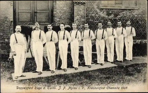 Ak Chemnitz in Sachsen, Doppelpferd Riege des Turnvereins J. P. Mylau, Kreisturnfest 1905