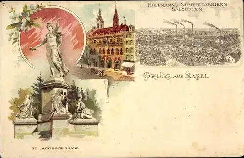 Litho Bâle Basel Stadt Schweiz, Hoffmanns Stärkefabriken Salzuplen, St. Jacobsdenkmal