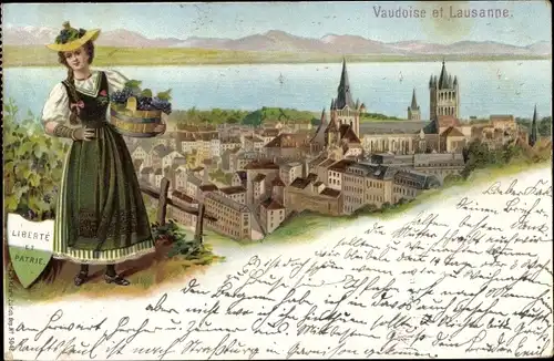 Litho Lausanne Kanton Waadt, Panorama, Frau in Tracht, Vaudoise