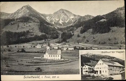 Ak Schattwald in Tirol, Gasthaus zur Traube, Kirche