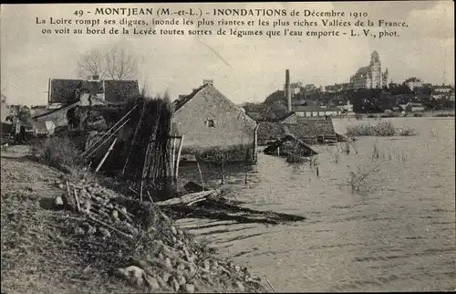 Ak Montjean Maine et Loire, Uferpartie, Kirche im Hintergrund