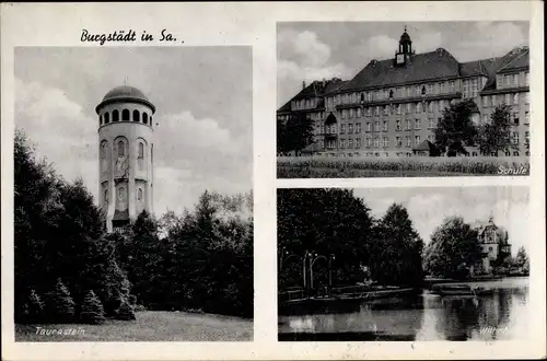 Ak Burgstädt in Sachsen, Taura Stein, Schule, Wettin Hain