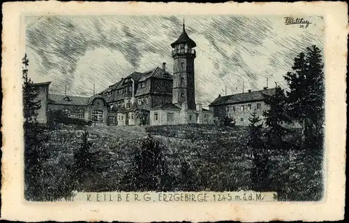 Künstler Ak Walther, Klínovec Keilberg Erzgebirge Reg. Karlsbad, Kaiser Franz Josefs Aussichtsturm