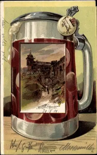 Präge Litho Wien 19. Döbling Österreich, Nußdorf, Zugang zum Bockkeller, Bierkrug