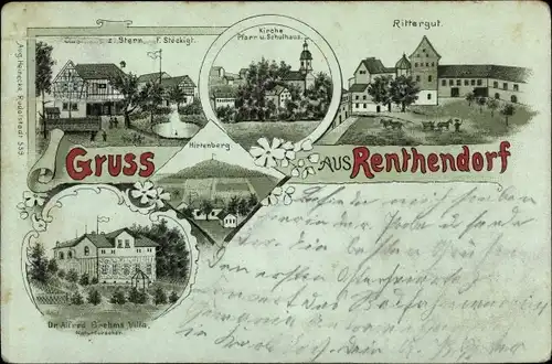 Litho Renthendorf in Thüringen, Gasthaus zum Stern, Rittergut, Kirche, Dr. Alfred Brehms Villa