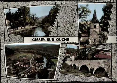 Ak Gissey sur Ouche Cote d'Or, Kirche, Brücke, Flusspartie