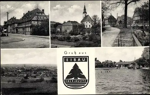 Ak Eibau Kottmar in der Oberlausitz, Teilansicht, Wappen, Freibad, Kirche