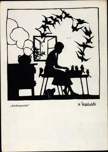 Scherenschnitt Ak Karlewski, Hilde, Märchen, Gebrüder Grimm, Aschenputtel