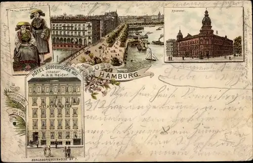 Litho Hamburg Mitte Altstadt, Hauptpost, Hotel Süddeutscher Hof, Bergedorfder Str, Vierländer Tracht