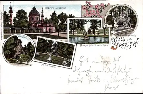 Litho Schwetzingen Baden Württemberg, Merkurtempel, Moschee, Basin mit Kaiser Friedrich Tempel