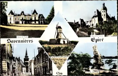 Ak Epire Maine et Loire, Château, Rue principale, La Pierre Becherelle, Moulin de la Petite Roche