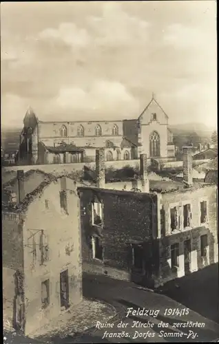 Ak Sommepy Tahure Marne, Ruine der Kirche des zerstörten Dorfes