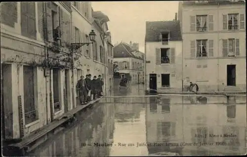 Ak Meulan en Yvelines, Rue aux Juifs et Place Letang, Crue 1910