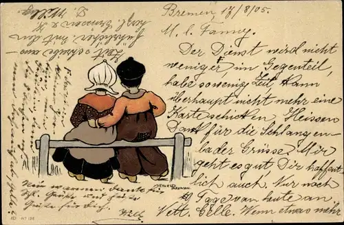 Künstler Ak Parkinson, Ethel, Mann und Frau auf einer Bank