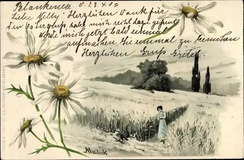 Künstler Litho Mailick, Landschaft, Frau im Getreidefeld, Blumen