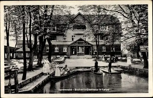 Ak Leipe Lübbenau Spreewald, Buchan's Gasthaus, Terrasse, Frauen in Trachten