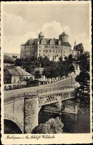 Ak Zschopau im Erzgebirge Sachsen, Blick zum Schloß Wildeck mit Brücke