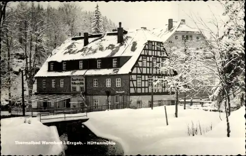 Ak Wolkenstein im Erzgebirge, Partie am Gasthof Hüttenmühle, Fachwerkhaus, Winter