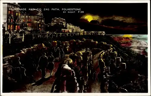 Ak Folkestone Kent South East England, Promenade and zig zag path by night