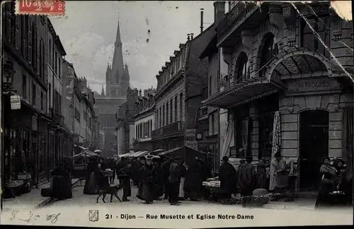 Ak Dijon Côte d'Or, Rue Musette et Eglise Notre Dame