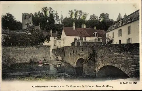 Ak Châtillon sur Seine Côte d’Or, Un Pont sur la Seine et Tour de Gissey
