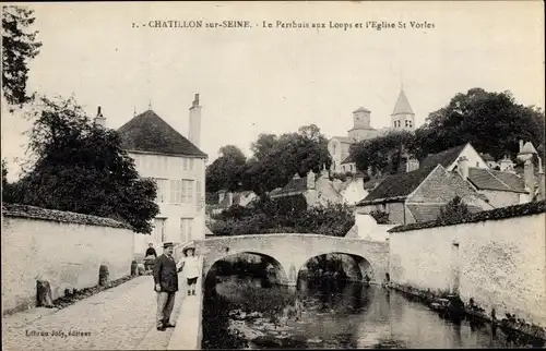 Ak Châtillon sur Seine Côte d’Or, Le Perthuis aux Loups et l'Eglise St Vorles, Brückenpartie