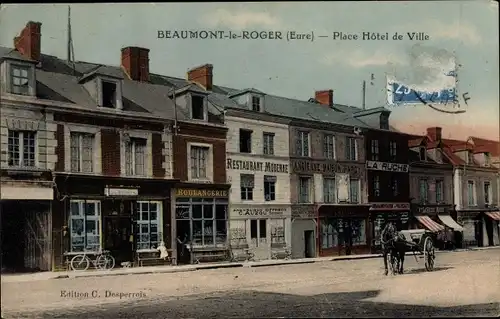 Ak Beaumont le Roger Eure, Place Hôtel de Ville, Restaurant Moderne, Boulangerie