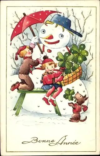 Ak Glückwunsch Neujahr, Kinder mit Schneemann und Kleeblättern