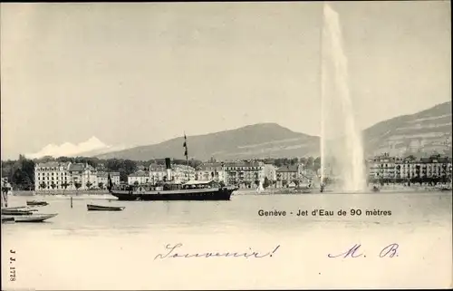 Ak Genève Genf Stadt, jet d'Eau de 90 metres, navire a vapeur