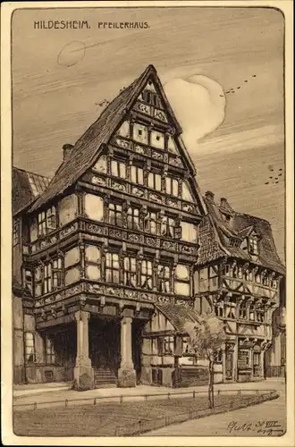 Künstler Ak Hildesheim a.d. Innerste, Pfeilerhaus am Andreasplatz, Fachwerkhaus