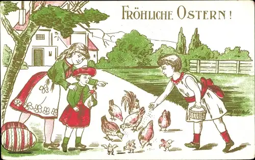 Präge Ak Glückwunsch Ostern, Kinder füttern Hühner und Küken, Riesen Ostereier