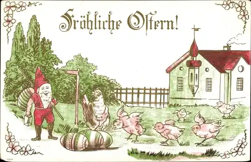 Präge Ak Glückwunsch Ostern, Zwerg am Wegesrand, Ostereier, Huhn mit Küken