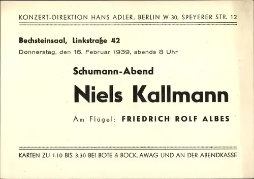 Ak Berlin Tiergarten, Schumann Abend, Niels Kallmann, Bechsteinsaal, Linkstraße 42, Konzert