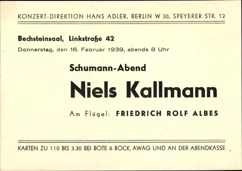 Ak Berlin Tiergarten, Schumann Abend, Niels Kallmann, Bechsteinsaal, Linkstraße 42, Konzert