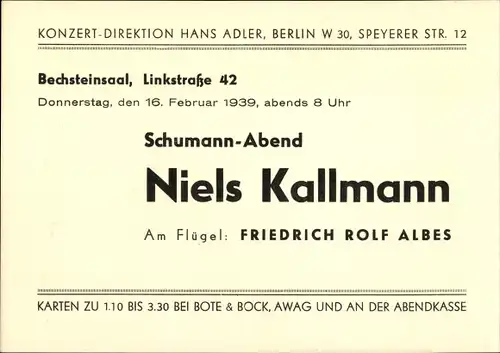 Ak Berlin Tiergarten, Schumann Abend, Niels Kallmann, Bechsteinsaal, Linkstraße 42, Konzert