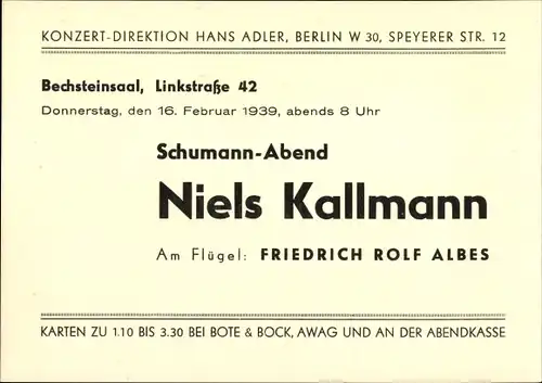 Ak Berlin Tiergarten, Schumann Abend, Niels Kallmann, Bechsteinsaal, Linkstraße 42, Konzert